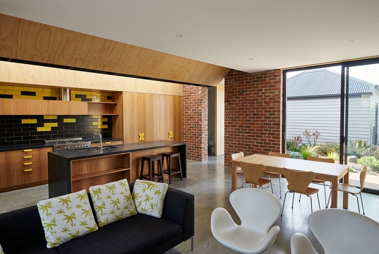 Kitchen and living interior at The Bumble Bee residence